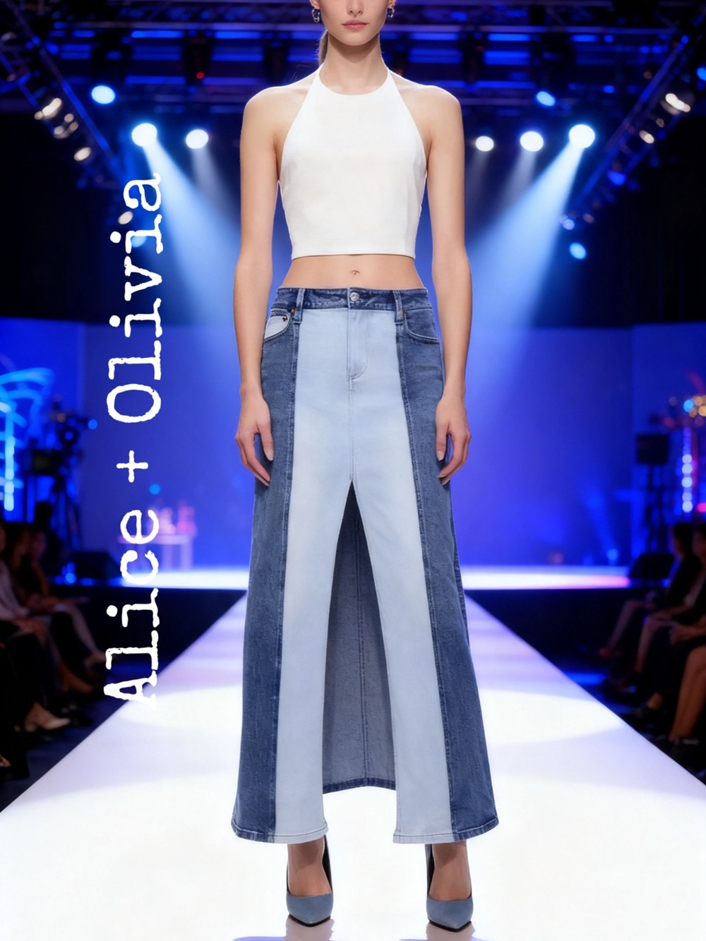 NWT ALICE + OLIVIA
  Rye Two-Tone Denim Maxi Skirt in Brooklyn Blue